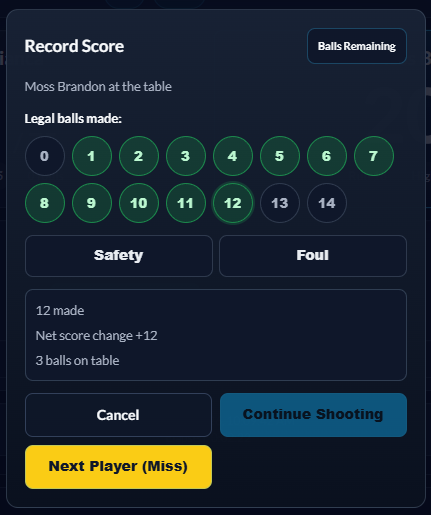 RackRival Straight Pool scoring controls for recording balls, fouls, safeties and misses